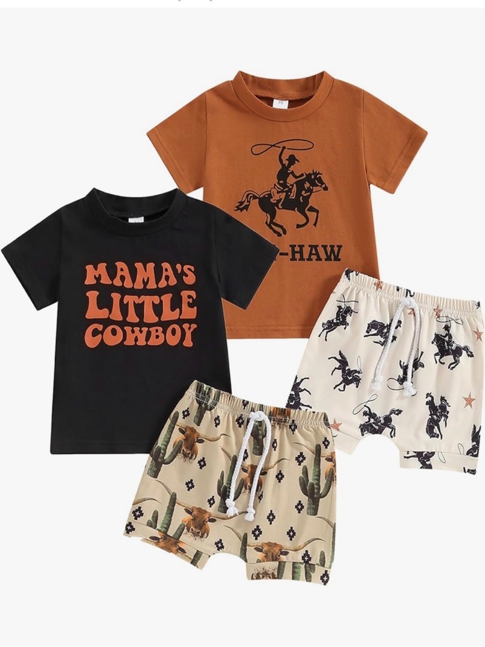 Kids Western Tee & Shorts Set - Black, Rust, Cream